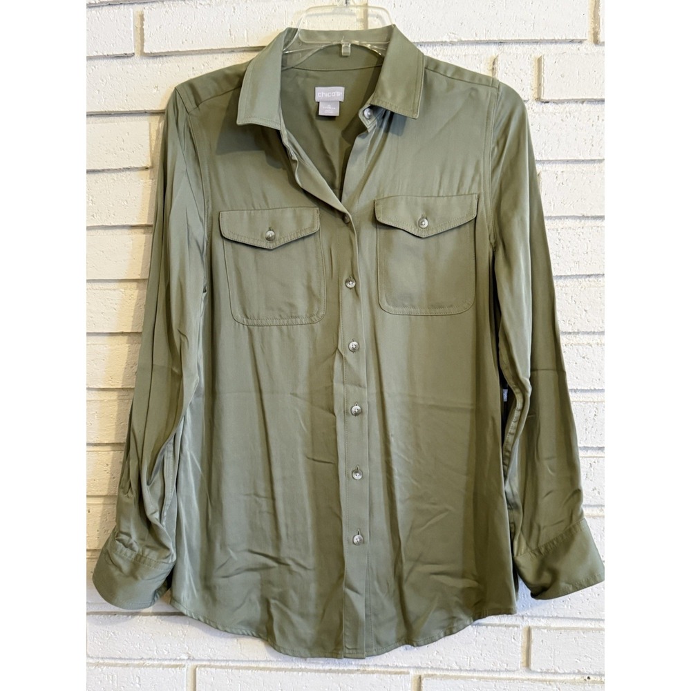 Chicos 0 Silky Soft Button Up Shirt Size Sm US Green Stretch Modal Stretch